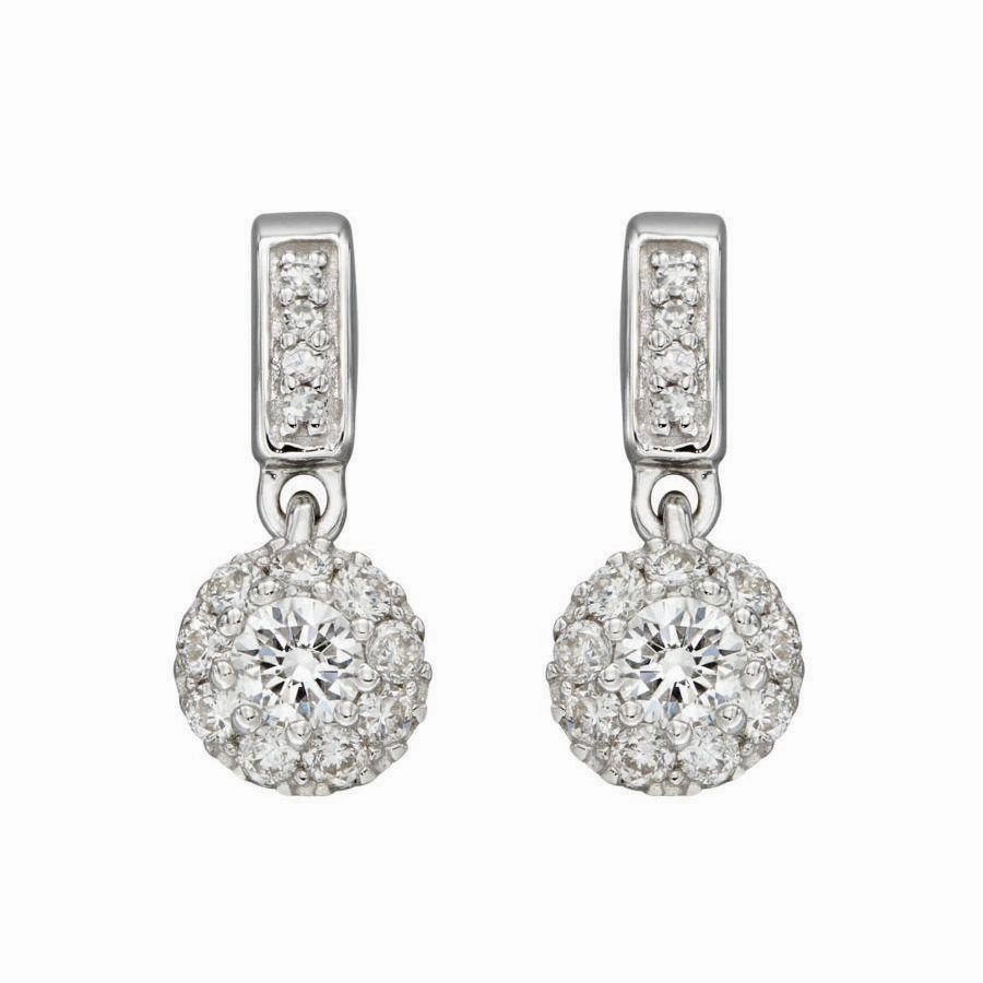 9ct White Gold Round Brilliant Cut Diamond Halo Cluster Drop Earrings