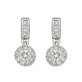 9ct White Gold Round Brilliant Cut Diamond Halo Cluster Drop Earrings