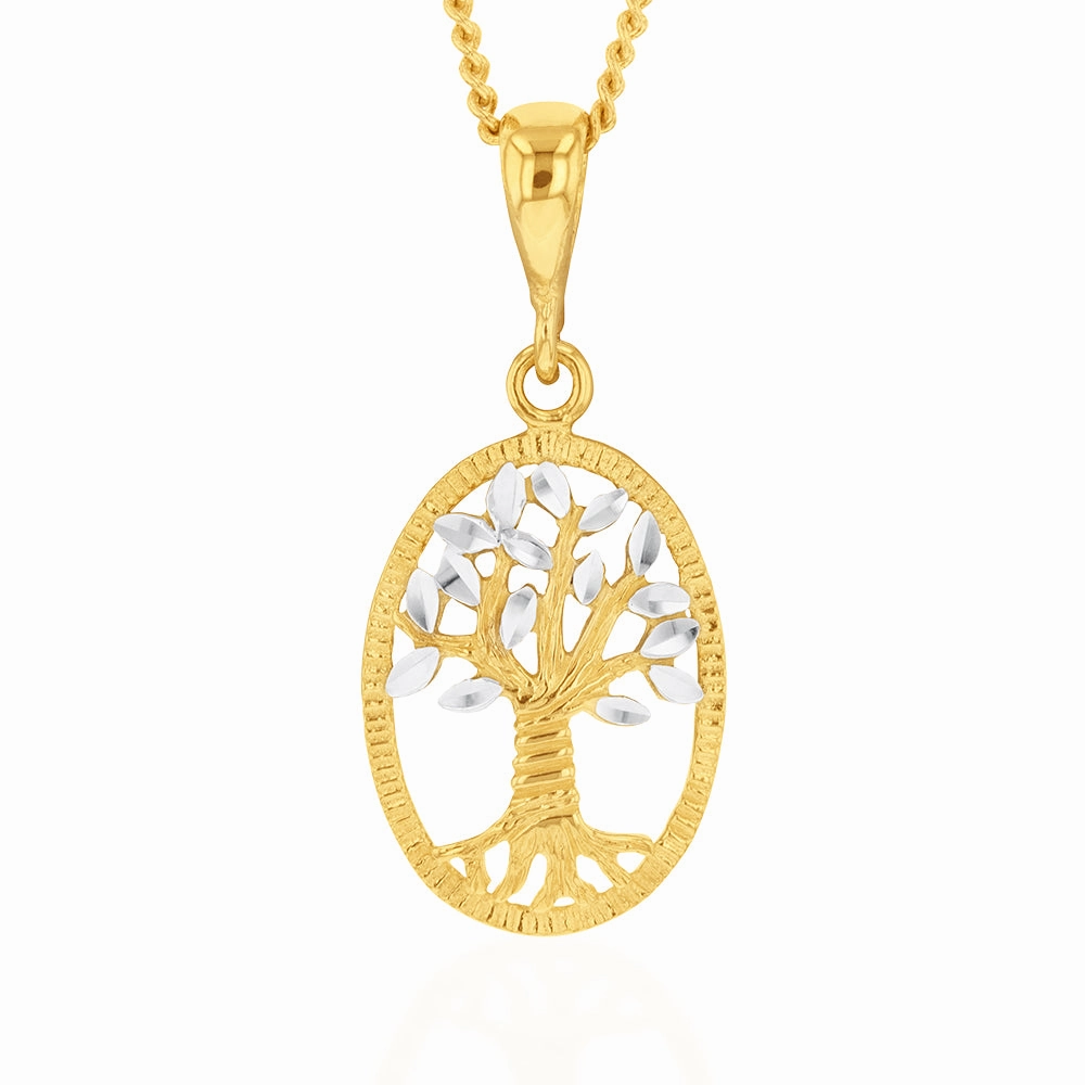 9ct Yellow And White Gold Tree Of Life Diamond Cut Pendant