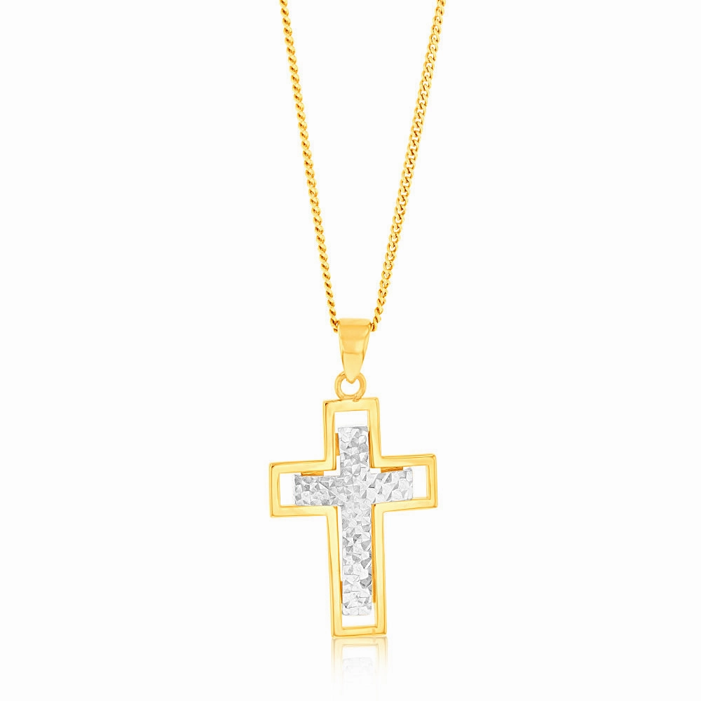 9ct Yellow And White Two-Tone Gold Diamond Cut 20mm X 15mm Cross Pendant