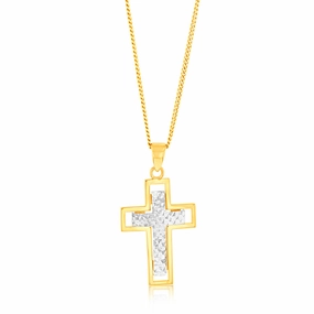 9ct Yellow And White Two-Tone Gold Diamond Cut 20mm X 15mm Cross Pendant