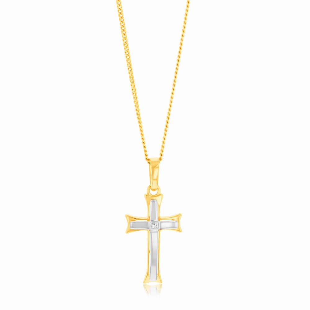 9ct Yellow And White Two-Tone Gold Fancy 19mm X 10mm Cross Pendant