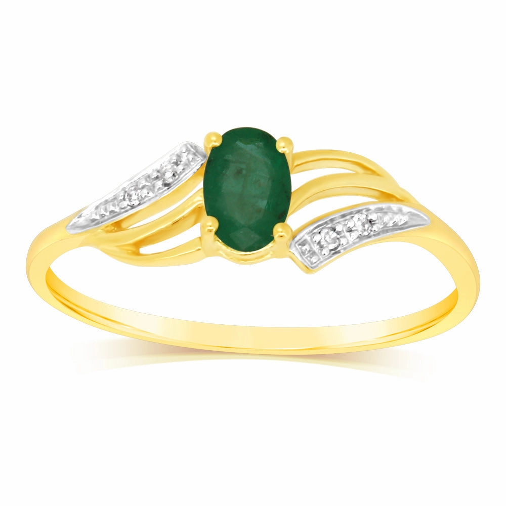 9ct Yellow Gold 0.55 Carat Natural Emerald & Diamonds Ring