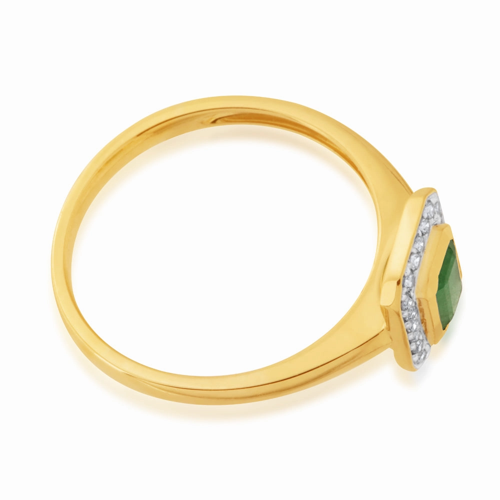 9ct Yellow Gold 0.6ct Natural Emerald and 1/10 Carat Diamond Ring