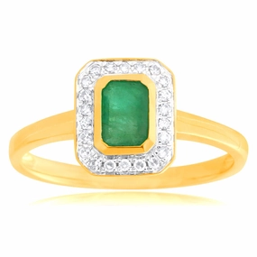 9ct Yellow Gold 0.6ct Natural Emerald and 1/10 Carat Diamond Ring