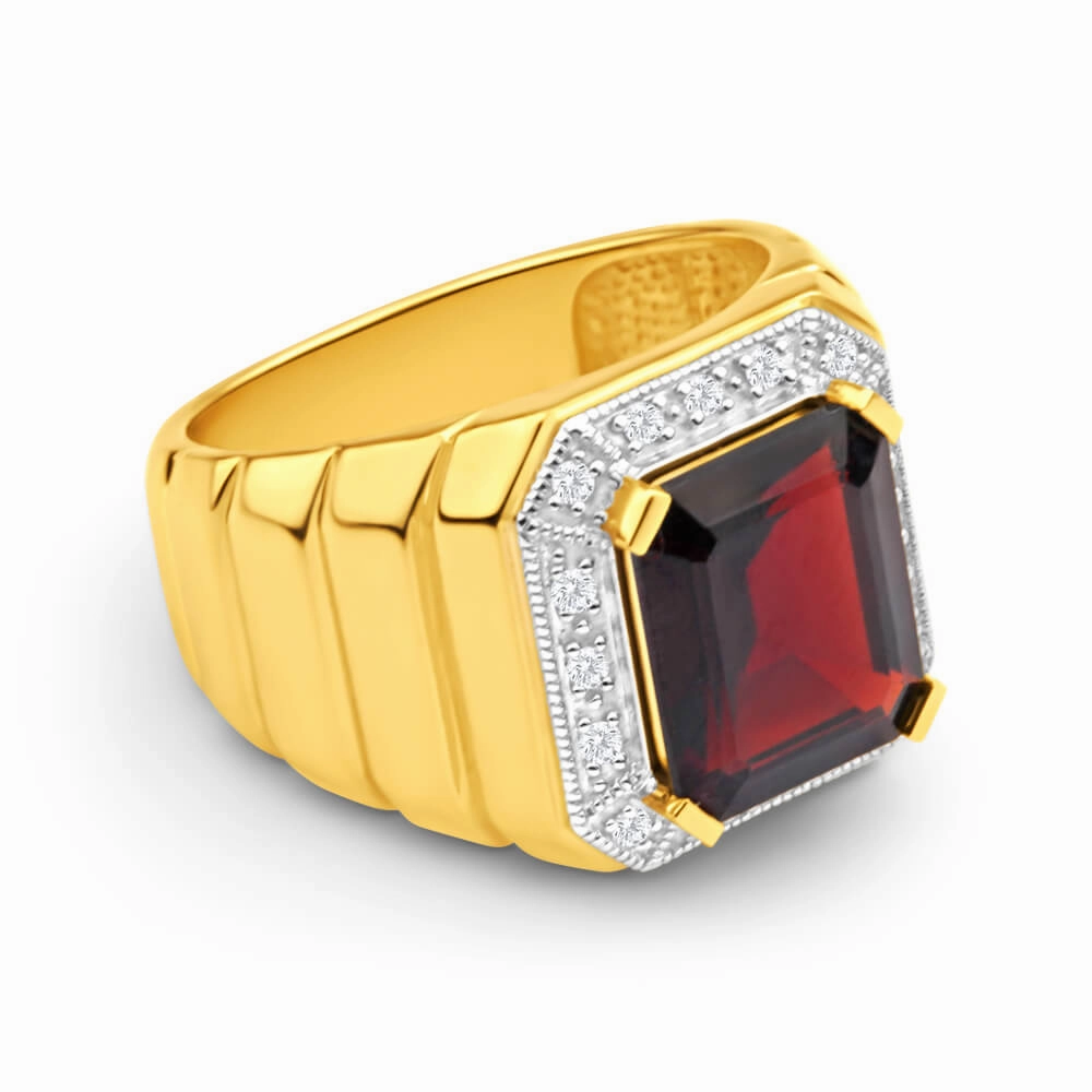 9ct Yellow Gold 12x10mm Emerald Cut Garnet and Diamond Halo Gents Ring