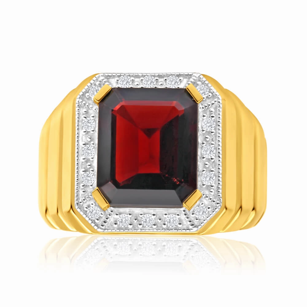 9ct Yellow Gold 12x10mm Emerald Cut Garnet and Diamond Halo Gents Ring