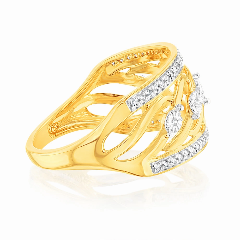 9ct Yellow Gold 1/10 Carat Diamond Ring set with 55 Round Brilliant Cut Diamonds in Disc Setting
