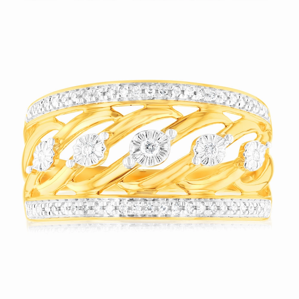 9ct Yellow Gold 1/10 Carat Diamond Ring set with 55 Round Brilliant Cut Diamonds in Disc Setting