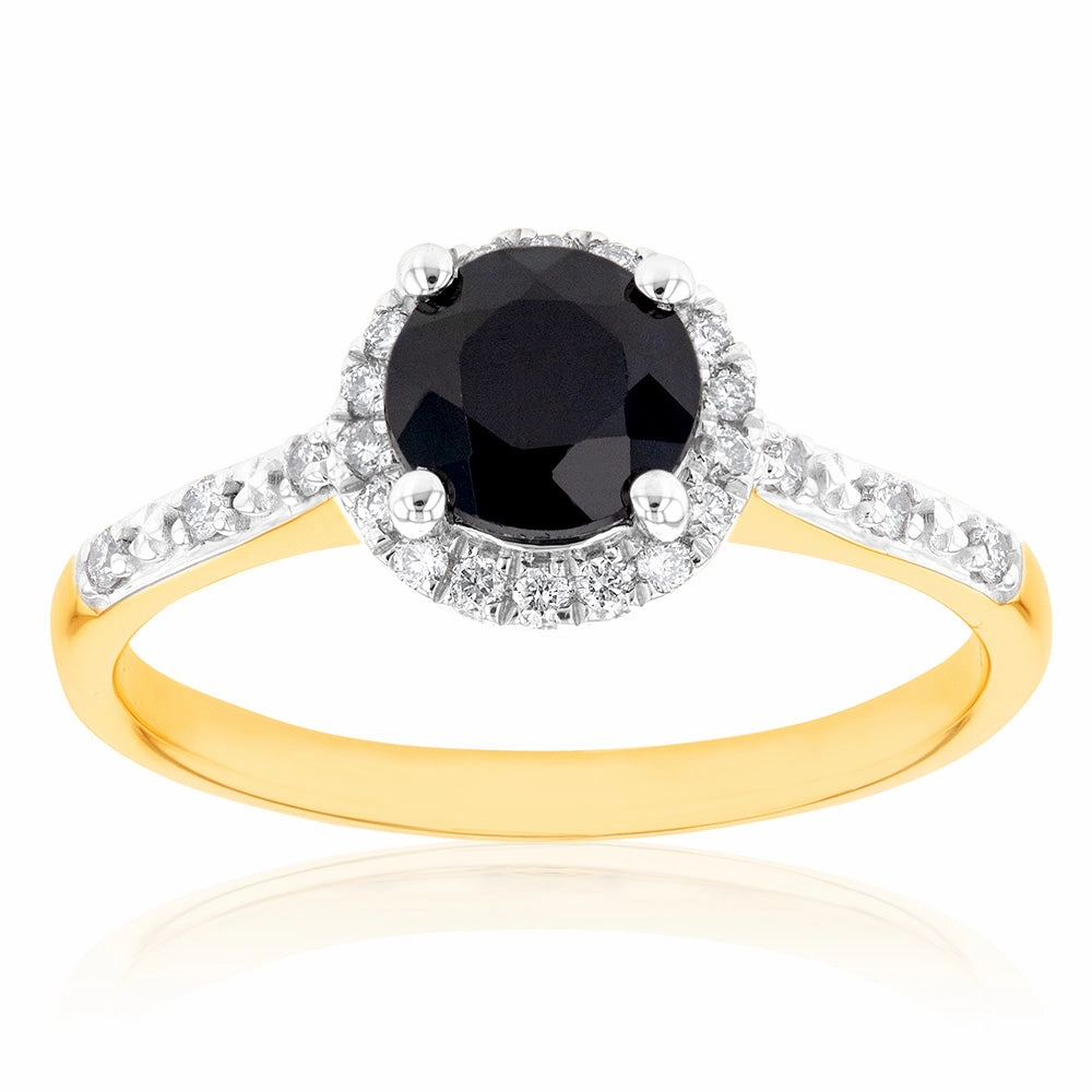 9ct Yellow Gold 1.20ct Natural Sapphire and 1/10 Carat Diamond Halo Ring