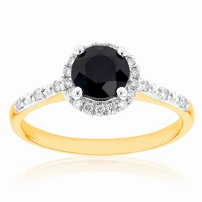 9ct Yellow Gold 1.20ct Natural Sapphire and 1/10 Carat Diamond Halo Ring