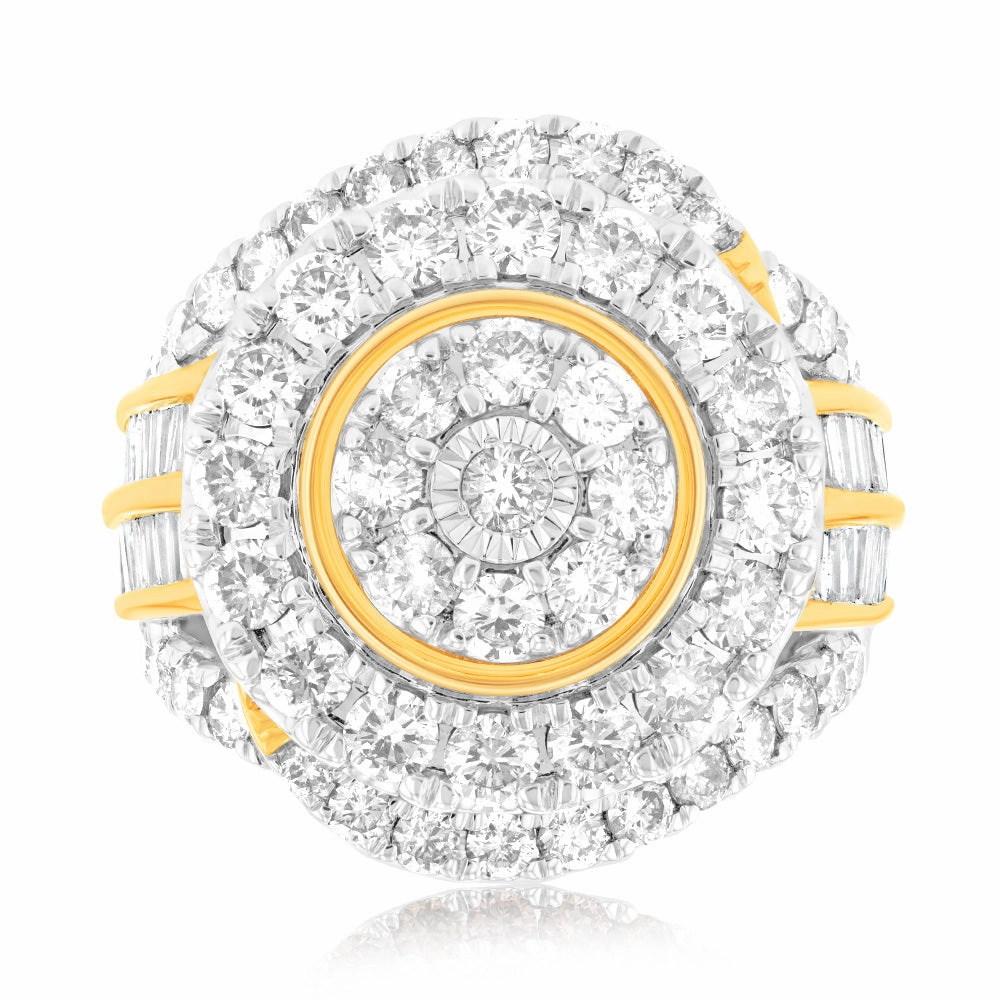 9ct Yellow Gold 3.05 Carat Diamond Ring with Brilliant and Tapered Baguette Diamonds