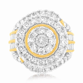 9ct Yellow Gold 3.05 Carat Diamond Ring with Brilliant and Tapered Baguette Diamonds