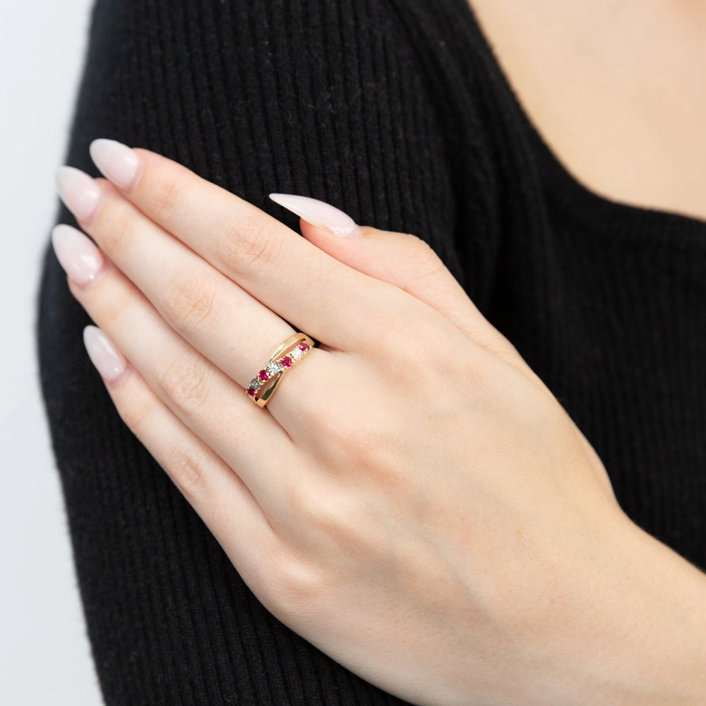 9ct Yellow Gold 4 Created Ruby and 3 Diamond Ring