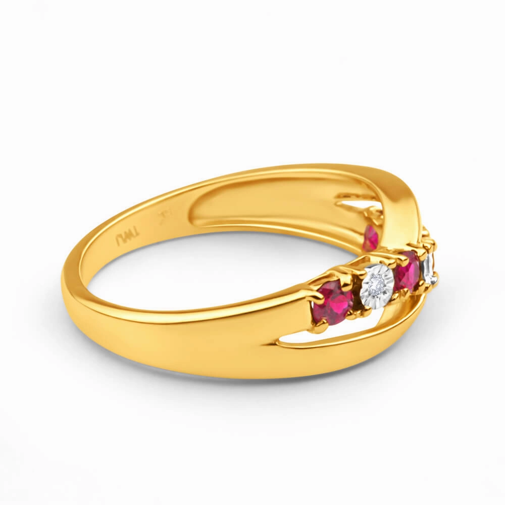 9ct Yellow Gold 4 Created Ruby and 3 Diamond Ring