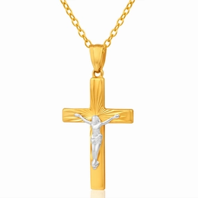 9ct Yellow Gold & White Gold Crucifix Pendant with Diamond cutting