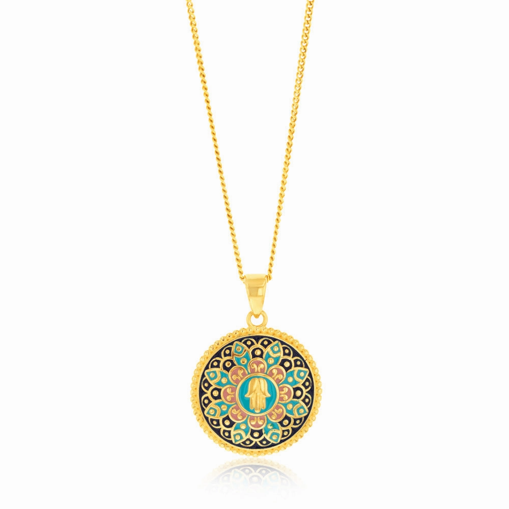 9ct Yellow Gold Colorful Enamel Hand of Fatima Pendant