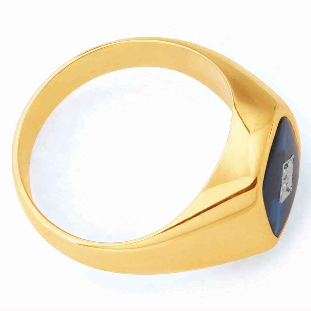 9ct Yellow Gold Created Blue Spinel & Diamond Gents Ring  (No Resize)