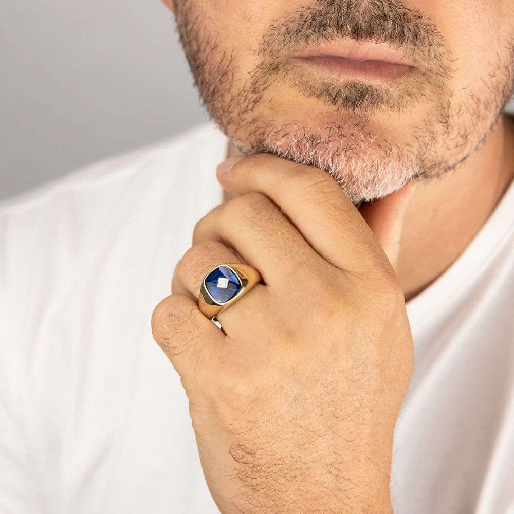 9ct Yellow Gold Created Blue Spinel & Diamond Gents Ring