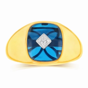 9ct Yellow Gold Created Blue Spinel & Diamond Gents Ring