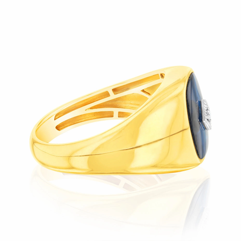 9ct Yellow Gold Created Blue Spinel & Diamond Gents Ring