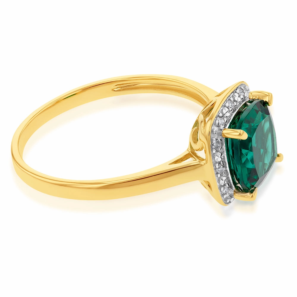 9ct Yellow Gold Created Emerald and Diamond Cushion Cut Ring