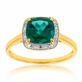 9ct Yellow Gold Created Emerald and Diamond Cushion Cut Ring