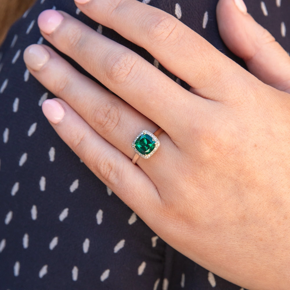 9ct Yellow Gold Created Emerald and Diamond Cushion Cut Ring