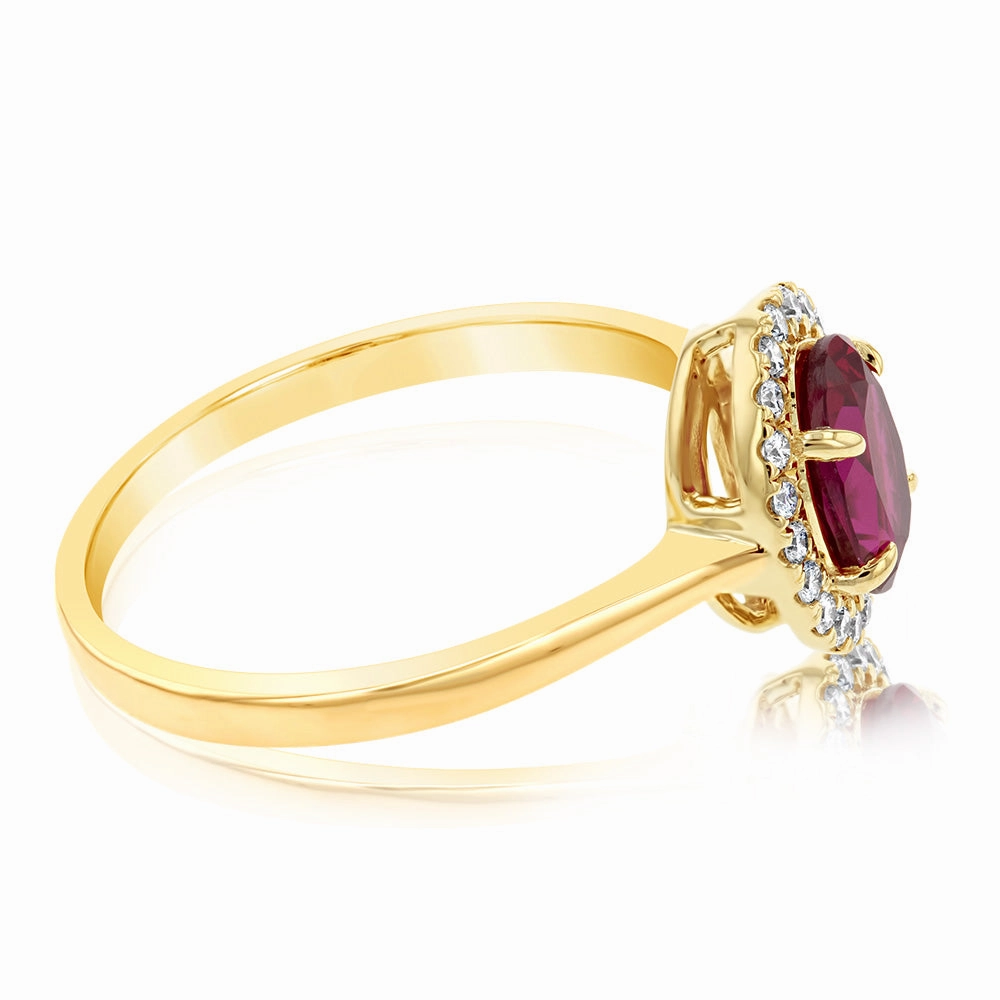 9ct Yellow Gold Created Oval Ruby And Diamond Halo Ring