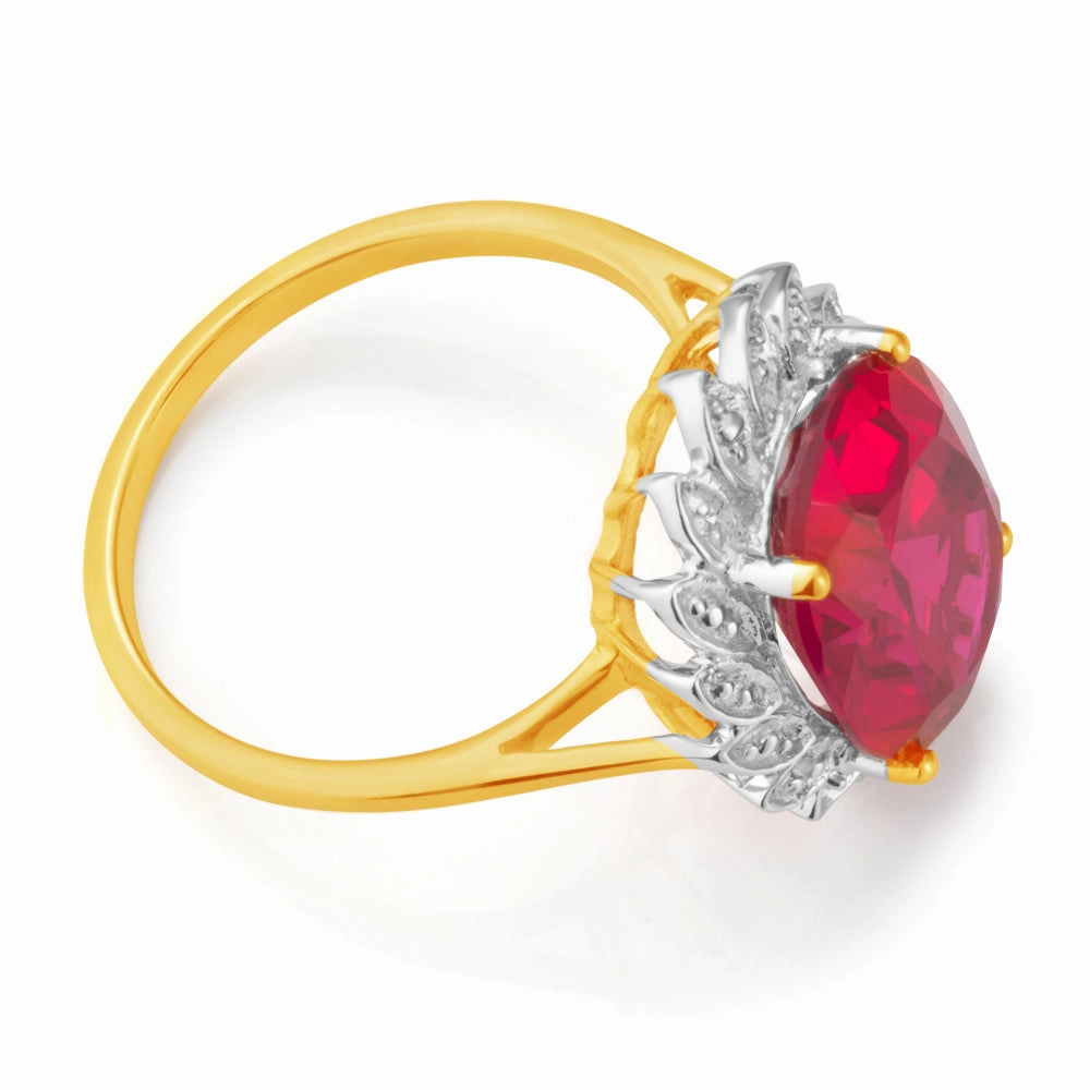 9ct Yellow Gold Created Ruby and Diamond Ring