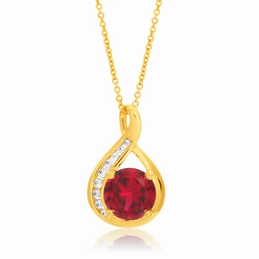 9ct Yellow Gold Created Ruby and Zirconia Pendant On 45cm Chain