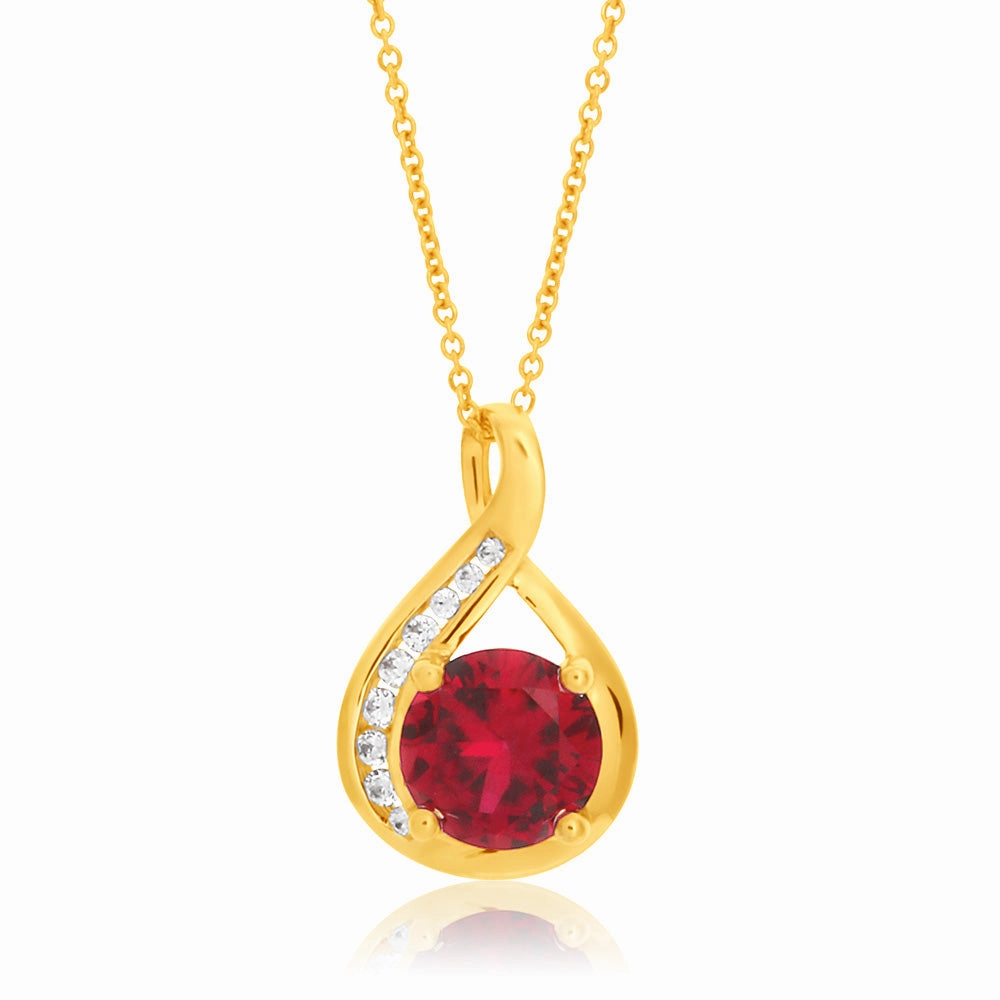 9ct Yellow Gold Created Ruby and Zirconia Pendant On 45cm Chain