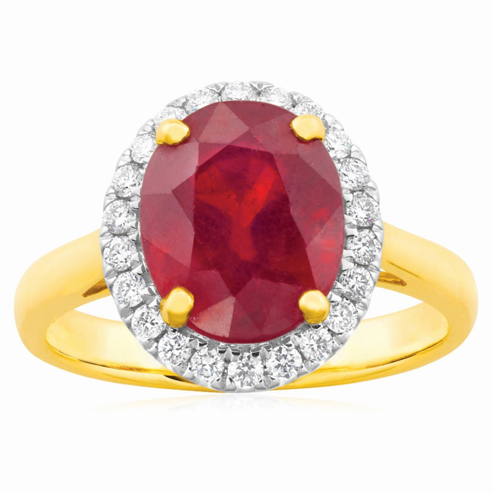 9ct Yellow Gold Diamond 4.3ct Natural Enhanced/Heat Treated Ruby and 1/4 Carat Diamond Ring
