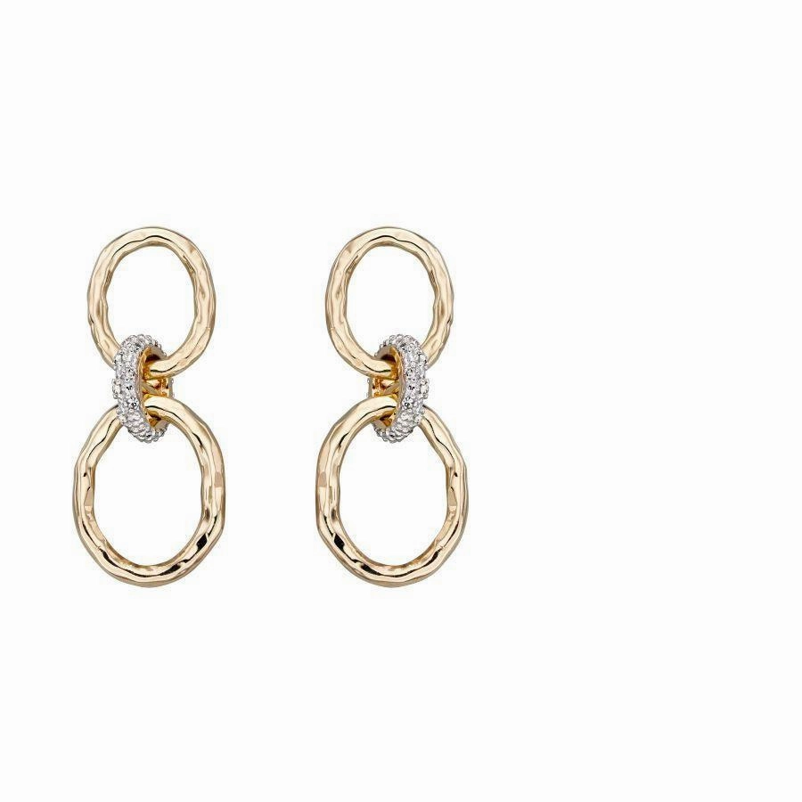 9ct Yellow Gold Diamond Set Hammered Loop Drop Earrings