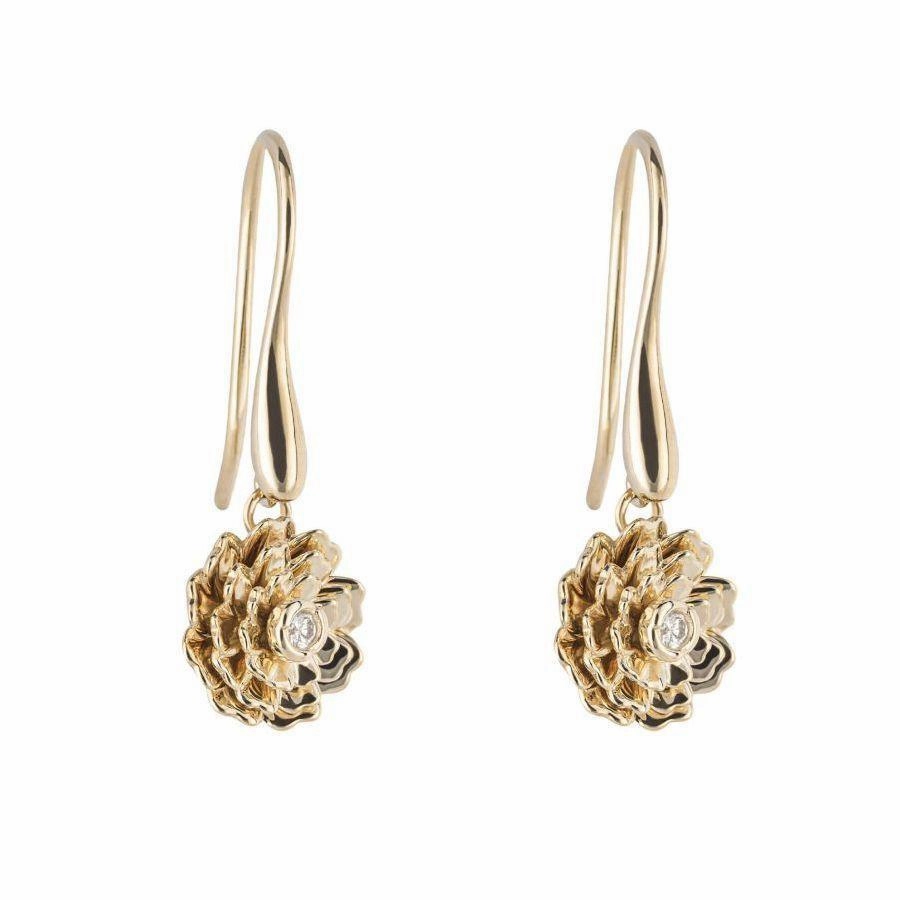 9ct Yellow Gold Diamond Set Peony Hook Drop Earrings