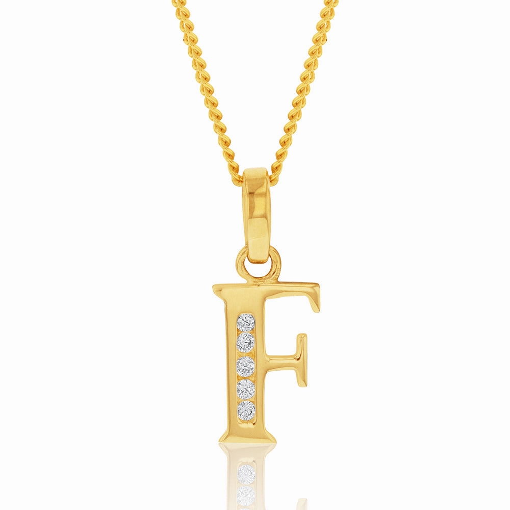 9ct Yellow Gold Initial F Zirconia Pendant