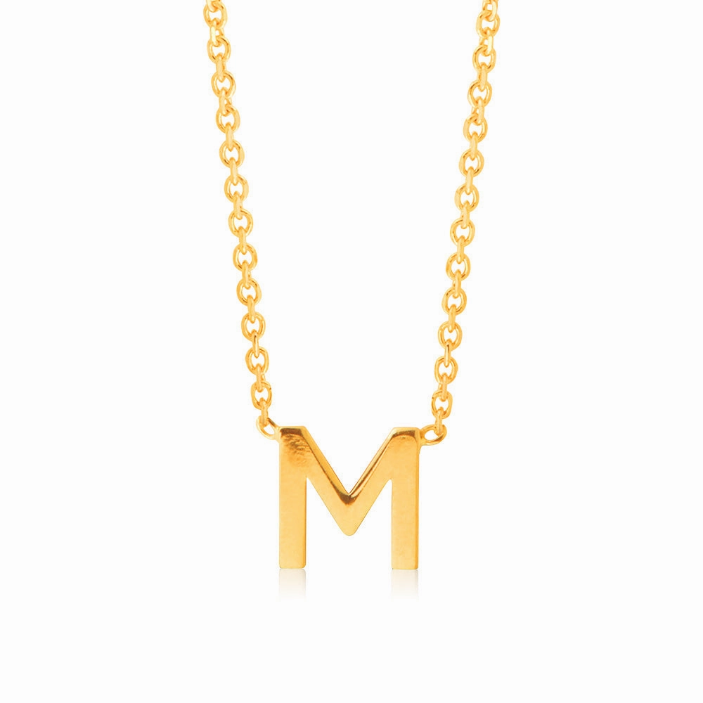 9ct Yellow Gold Initial "M" Pendant on 43cm Chain