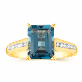 9ct Yellow Gold Natural London Blue Topaz and Channel Set Diamond Ring