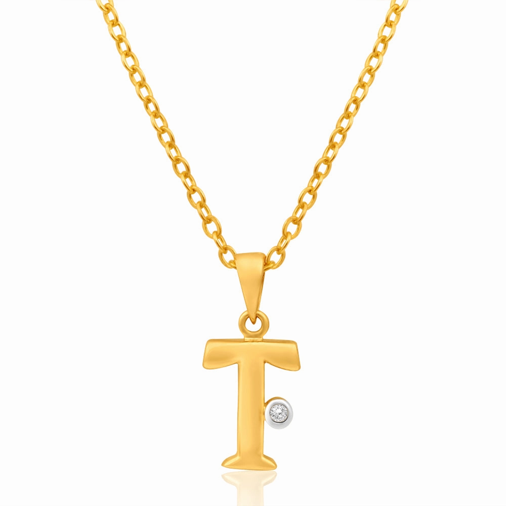 9ct Yellow Gold Pendant Initial T set with diamond