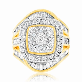 9ct Yellow Gold "3 Carats Look" TW 2 Carat Diamond Ring with Brilliant and Tapered Baguette Diamonds