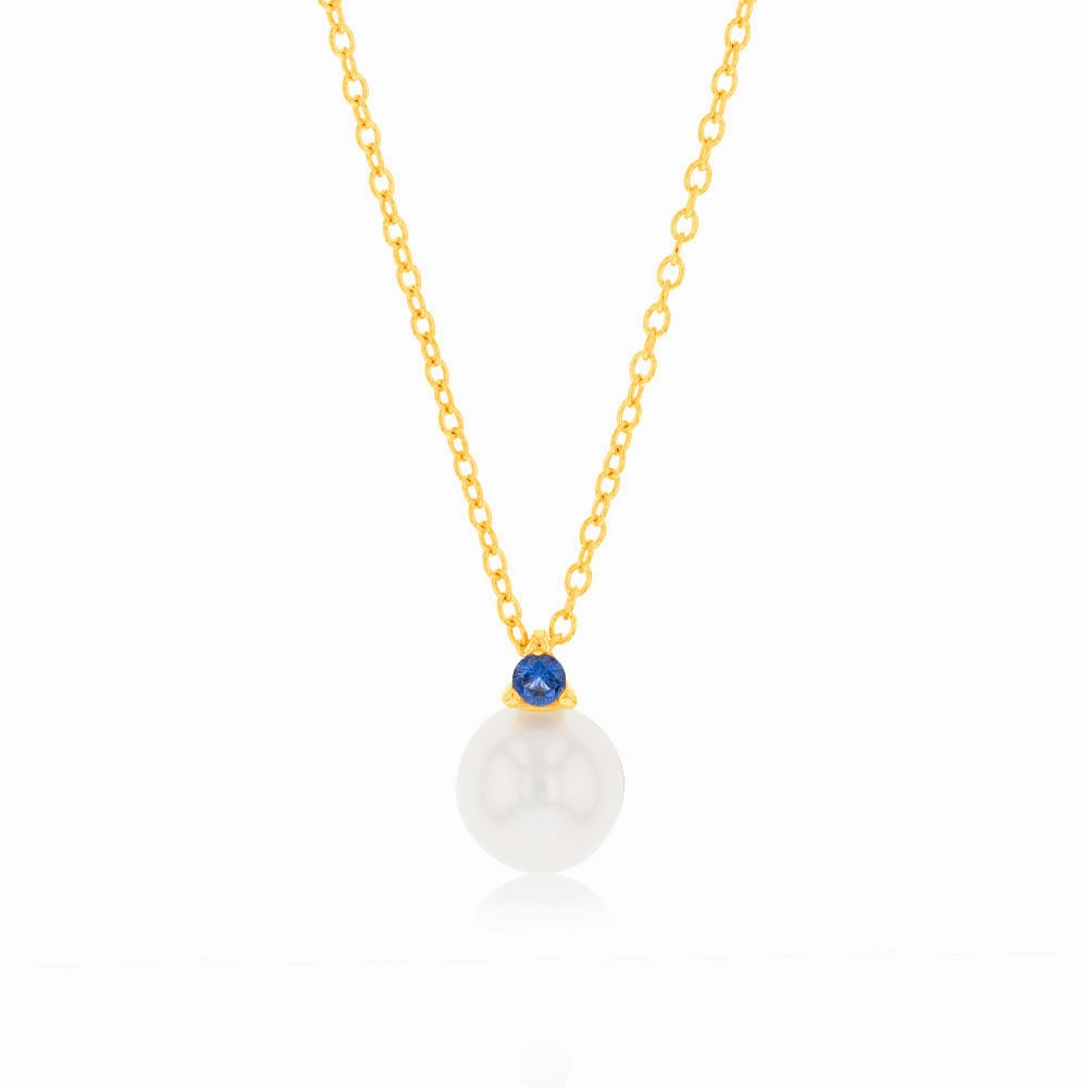 9ct Yellow Gold Sapphire Blue Zirconia And Fresh Water Pearl Pendant On Chain
