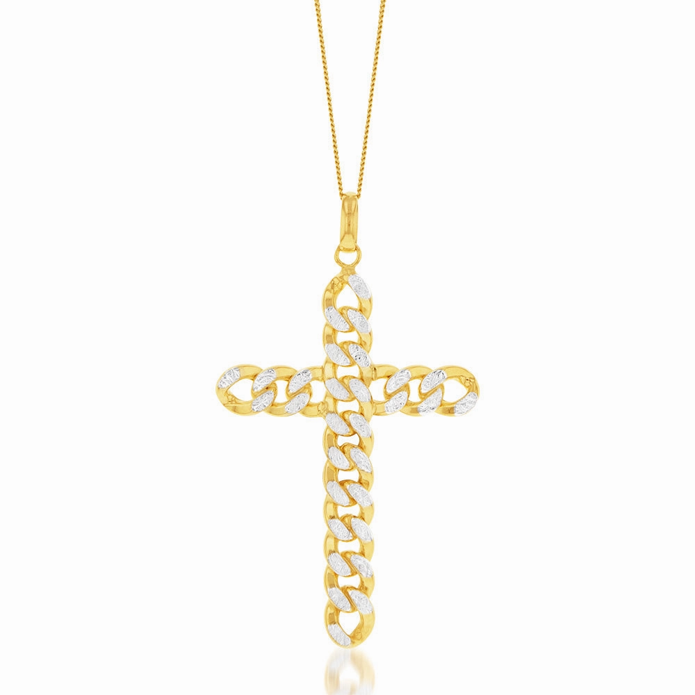 9ct Yellow Gold Silverfilled Diamond Cut Curb Link Cross Pendant