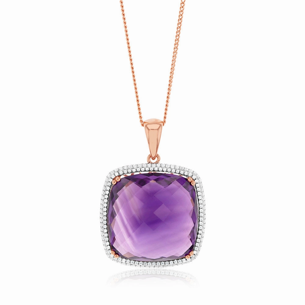 Amethyst & 0.54ct Cubic Zirconia Pendant in 9ct Rose Gold