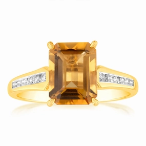 Citrine Emerald Cut and Channel Set Diamond Ring in 9ct Yellow Gold