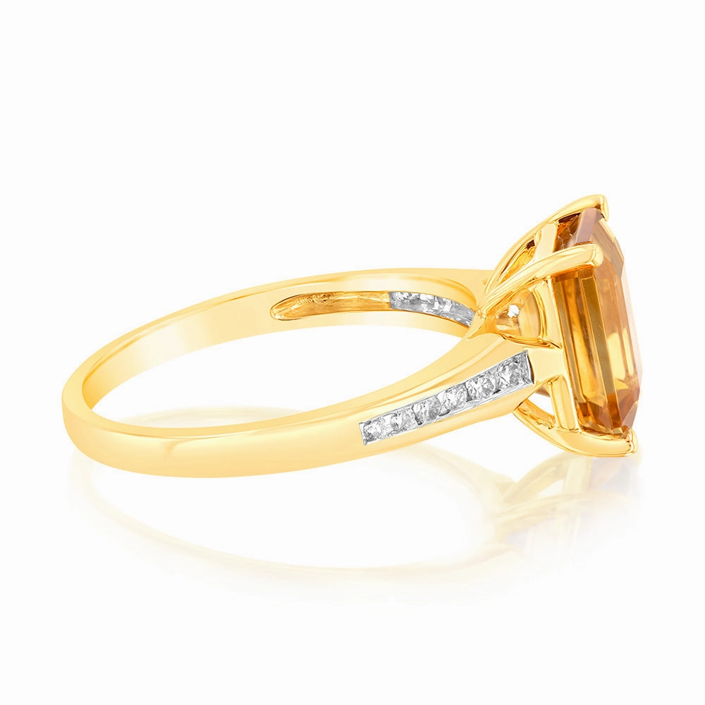 Citrine Emerald Cut and Channel Set Diamond Ring in 9ct Yellow Gold