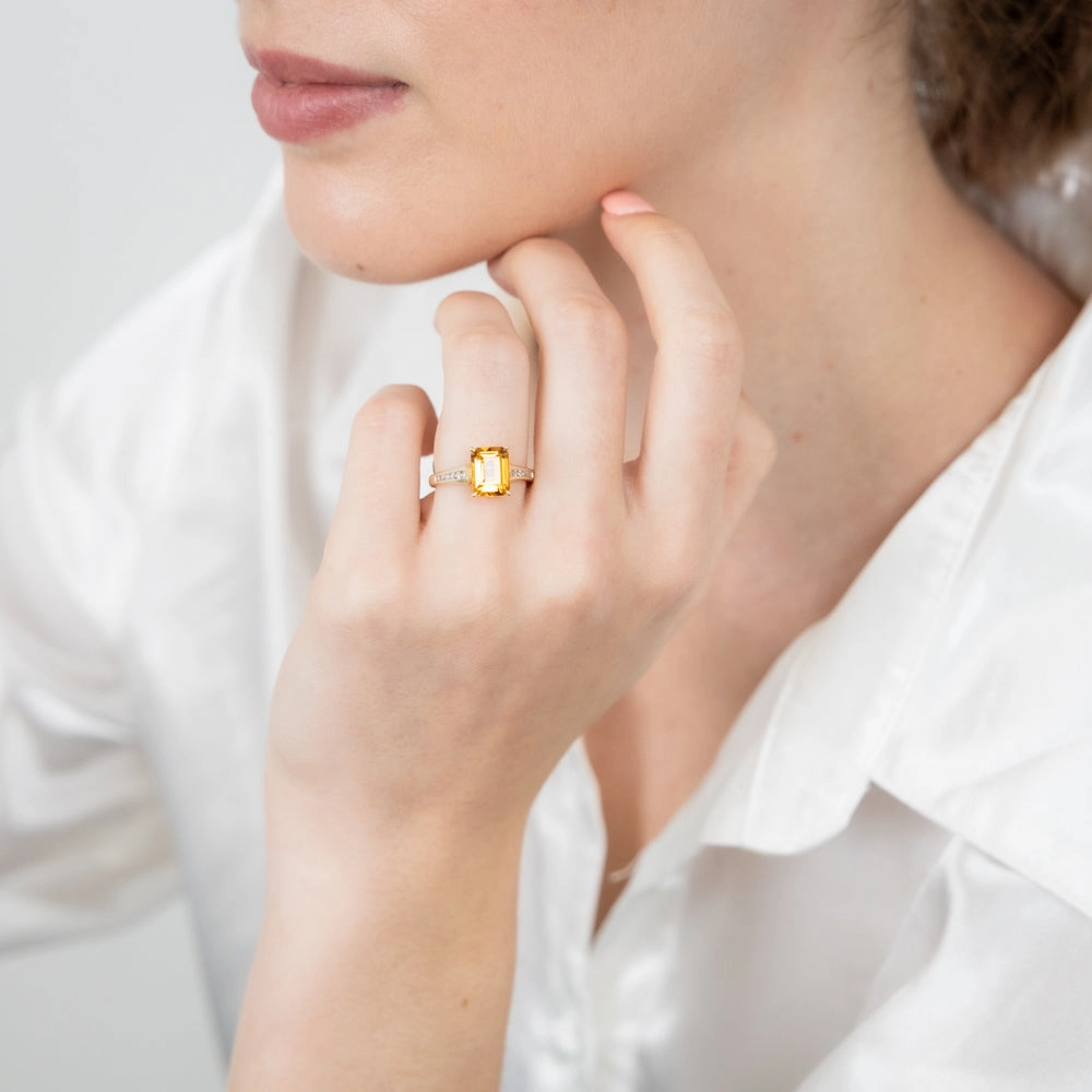 Citrine Emerald Cut and Channel Set Diamond Ring in 9ct Yellow Gold