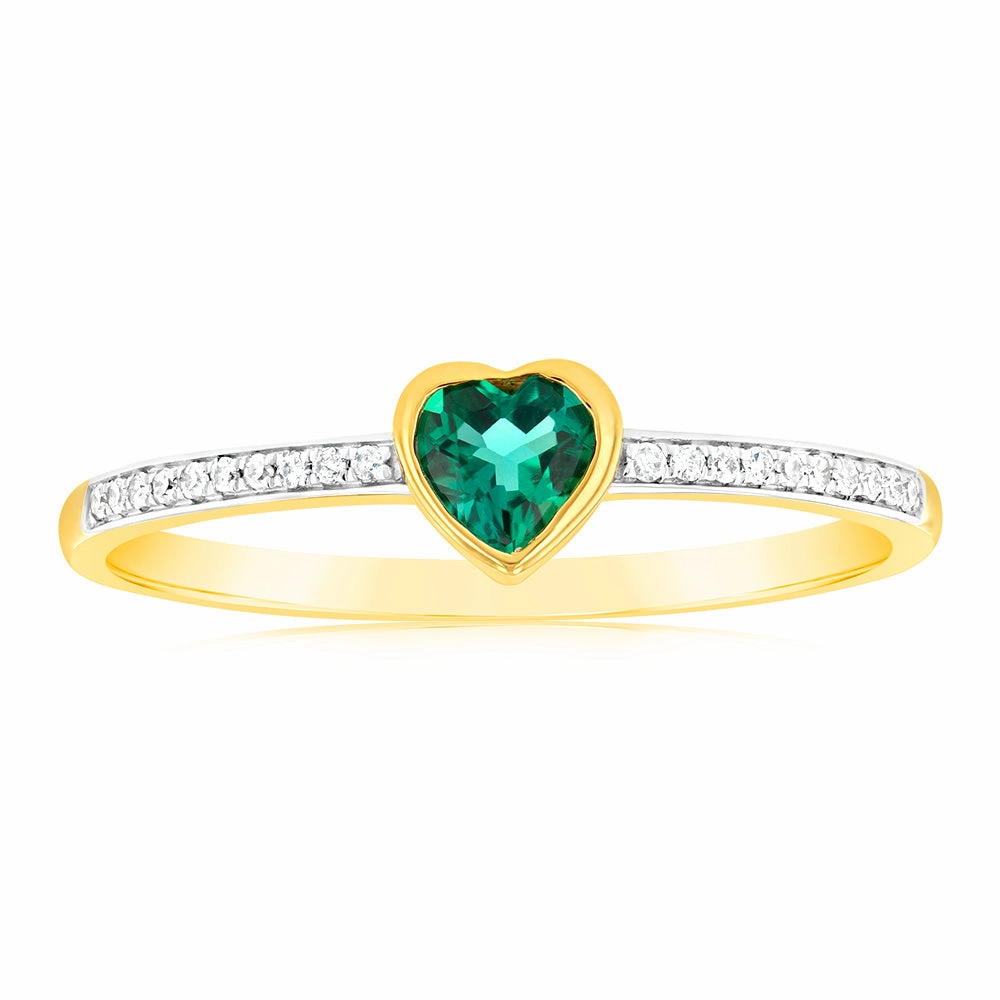 Created Emerald & Heart Shaped Diamond Ring in 9ct Yellow Gold