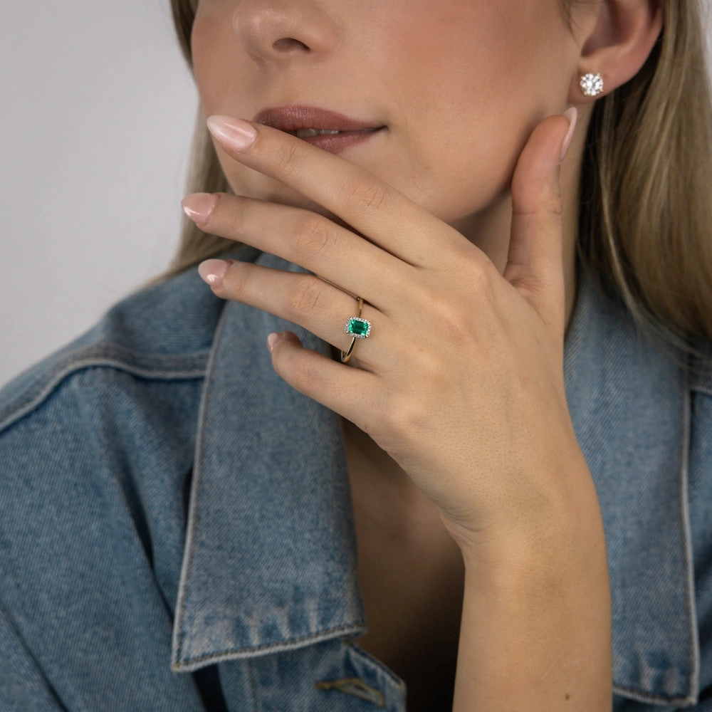Created Emerald and Diamond Ring in 9ct Yellow Gold