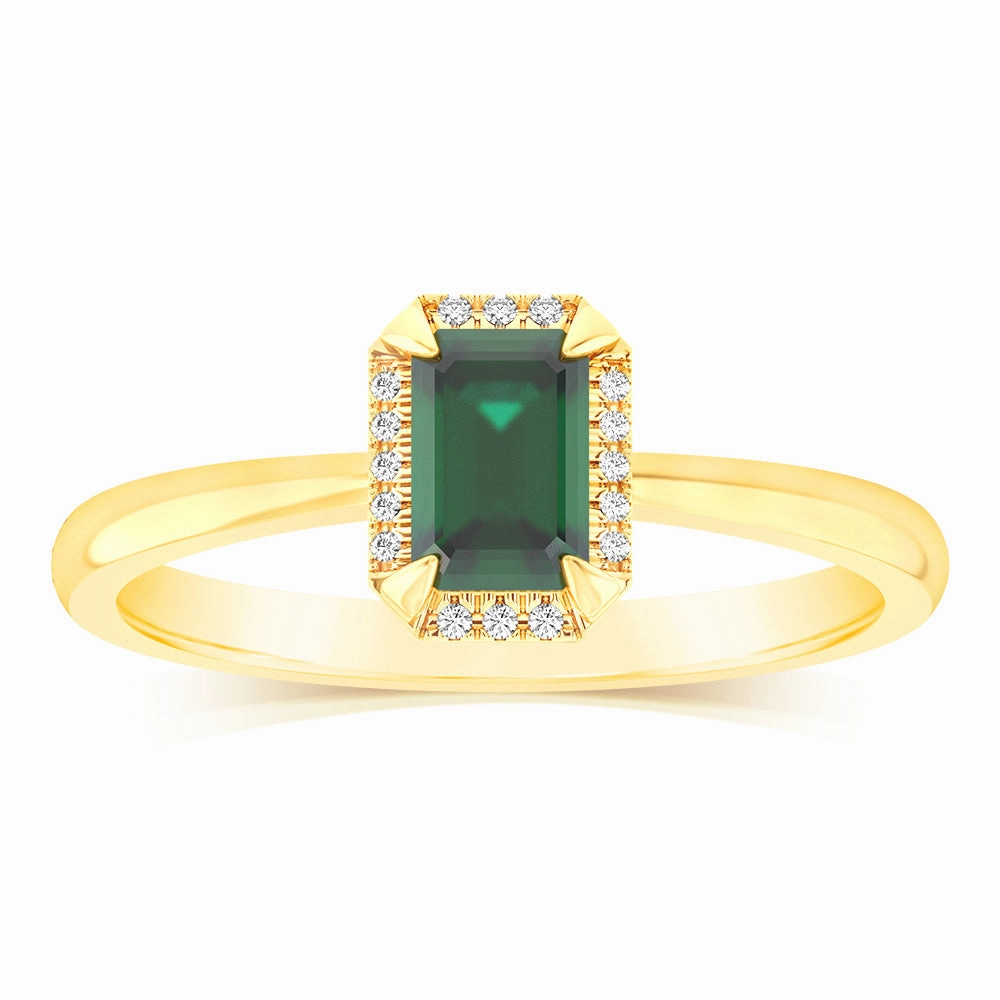 Created Emerald and Diamond Ring in 9ct Yellow Gold