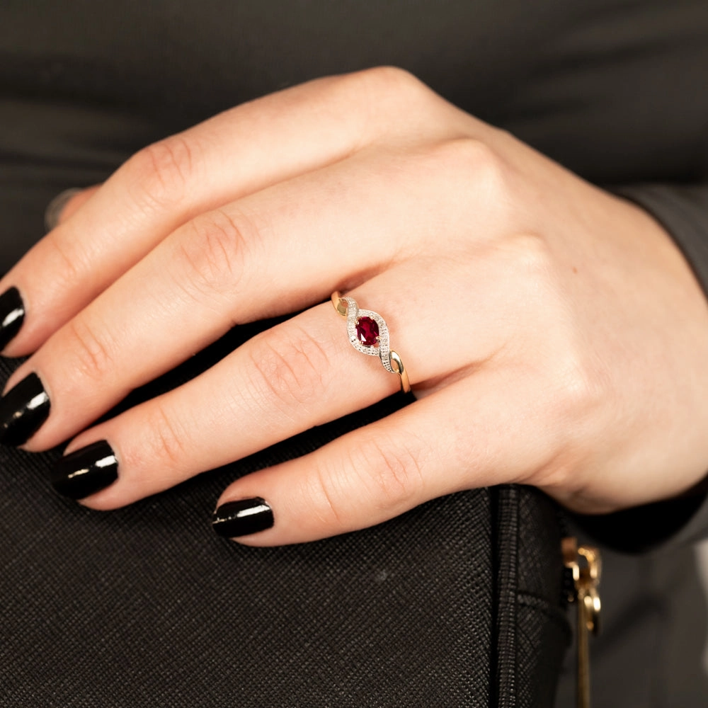 Created Oval Shape Ruby 5x4mm With Diamonds in 9ct Yellow Gold